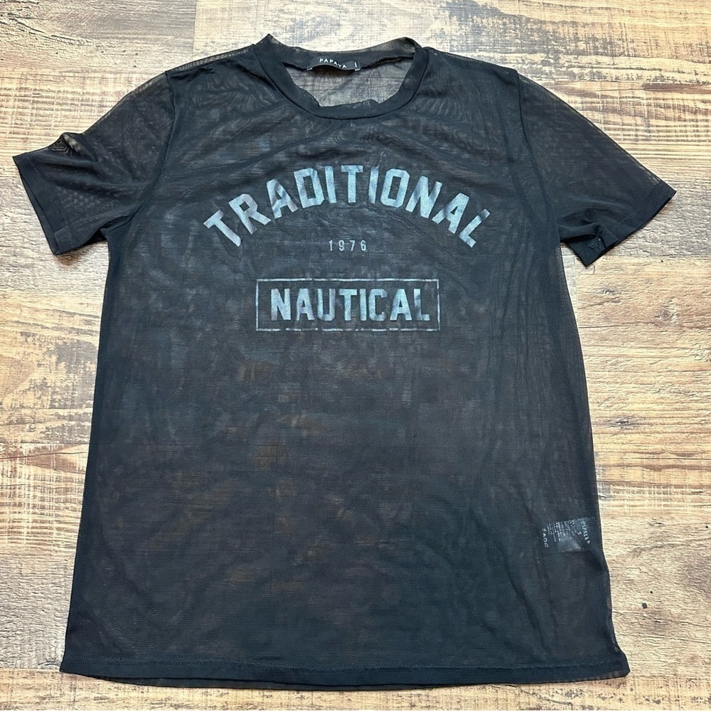 Papaya Black Sheer Mesh Graphic Tee “Traditional Nautical” Size Small - Picture 3 of 9